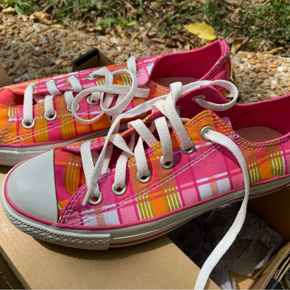 Plaid Pink and Orange Converse All Stars